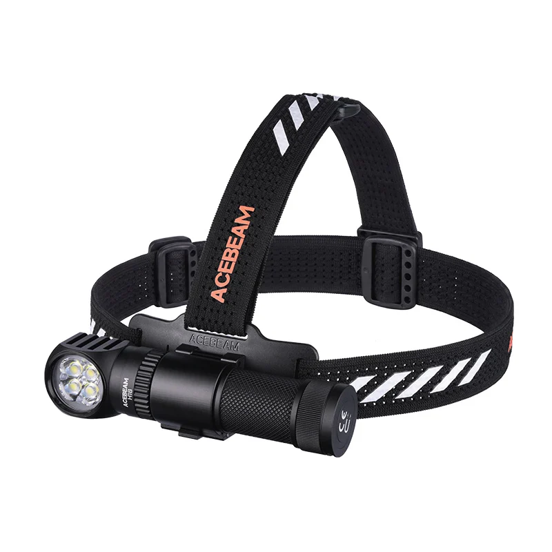 ACEBEAM headlamp with a four-LED front light on an adjustable black strap.