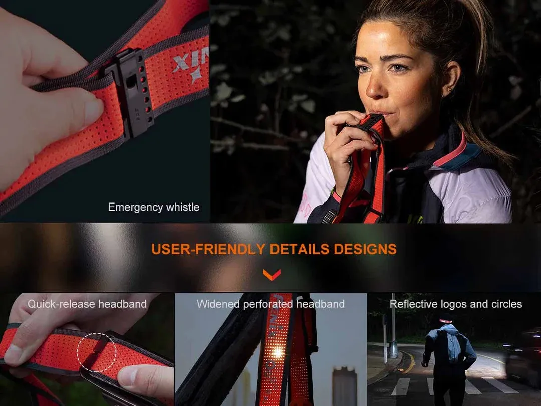 Collage of a red perforated headband with quick-release buckle, a model wearing the strap outdoors, and feature callouts like widened perforated band and reflective logos/circles with an emergency whistle label in the corner.