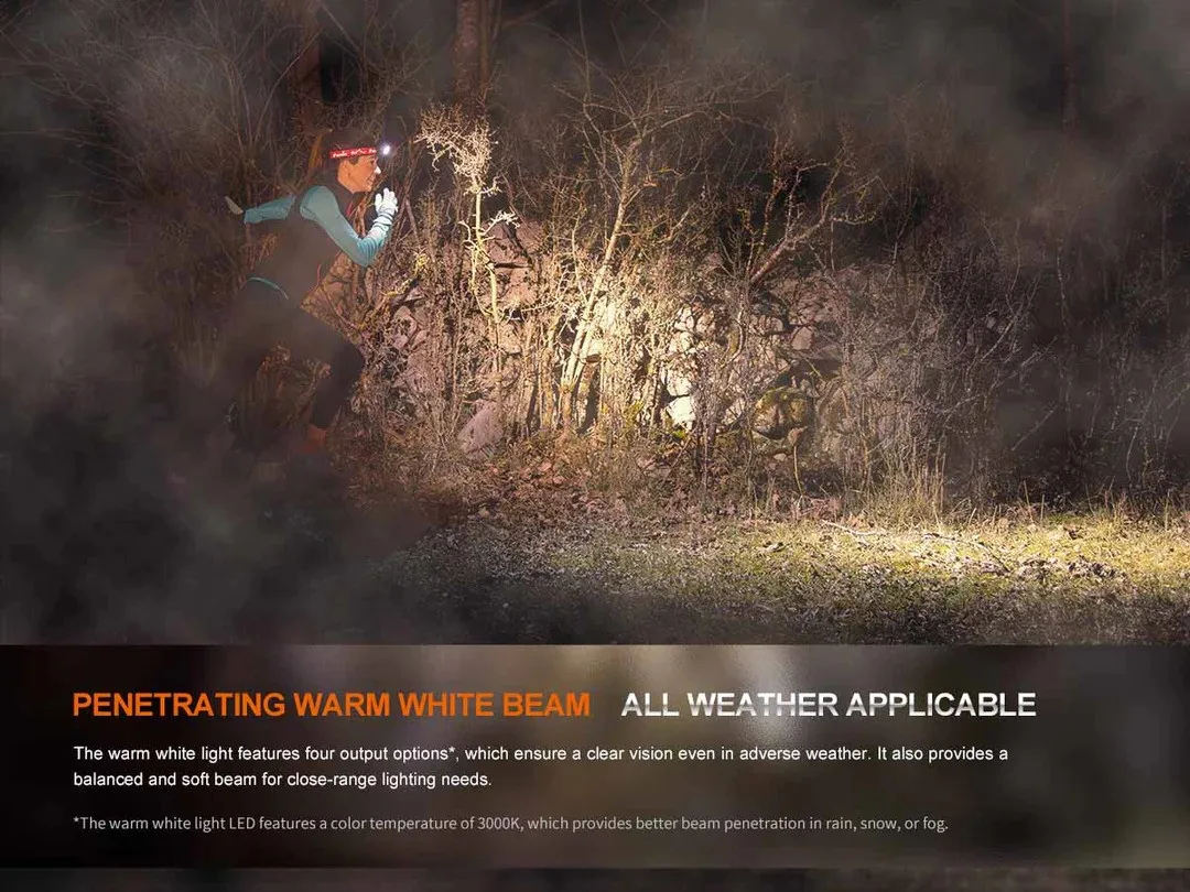 Runner with a headlamp running through foggy trees at night; bold banner text at bottom reads 'Penetrating Warm White Beam' and 'All Weather Applicable'.