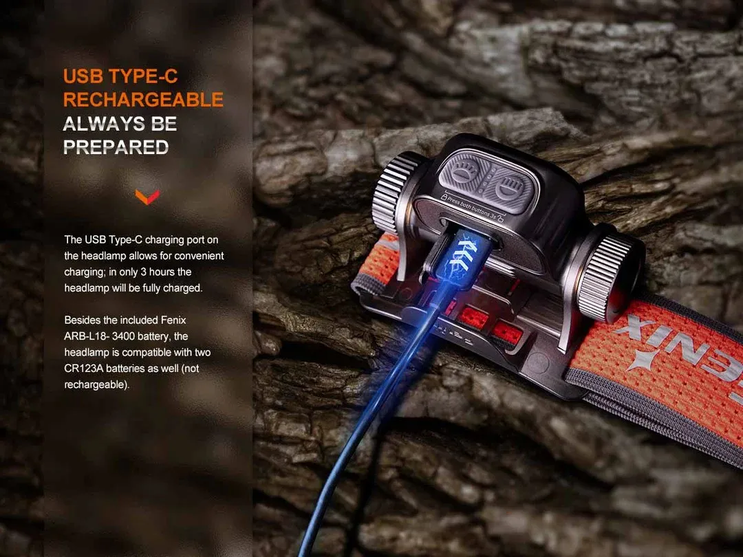 Rechargeable headlamp with an orange strap plugged into a USB-C charger, mounted on rough tree bark outdoors on a trail edge.