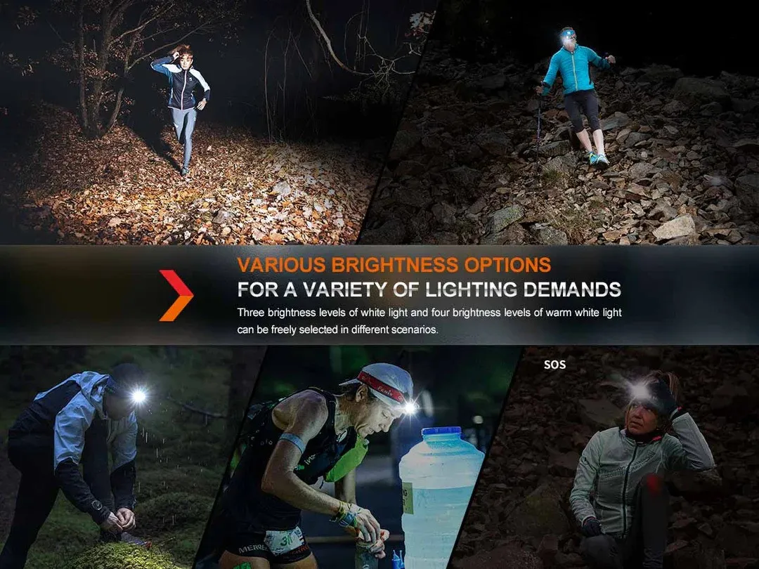 Collage of hikers and runners wearing headlamps on dark, rocky trails, with an orange banner stating 'Various brightness options for a variety of lighting demands'