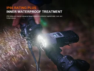 Front bike light mounted on a handlebar, bright with rain droplets and sparks, overlay reads 'IP66 RATING PLUS INNER WATERPROOF TREATMENT'.