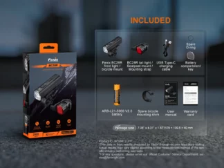 Fenix BC28R bike light kit with front and rear lights, USB-C cable, and spare parts shown with the box.