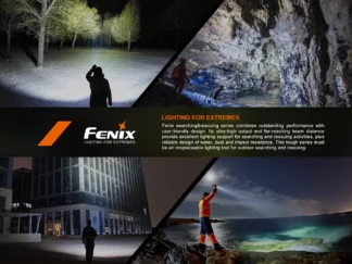Banner collage for Fenix Lighting: people using rugged lights in a snowy forest, a cave, a cityscape at night, and a rocky coastline, with the Fenix logo and 'Lighting for Extremes' text.
