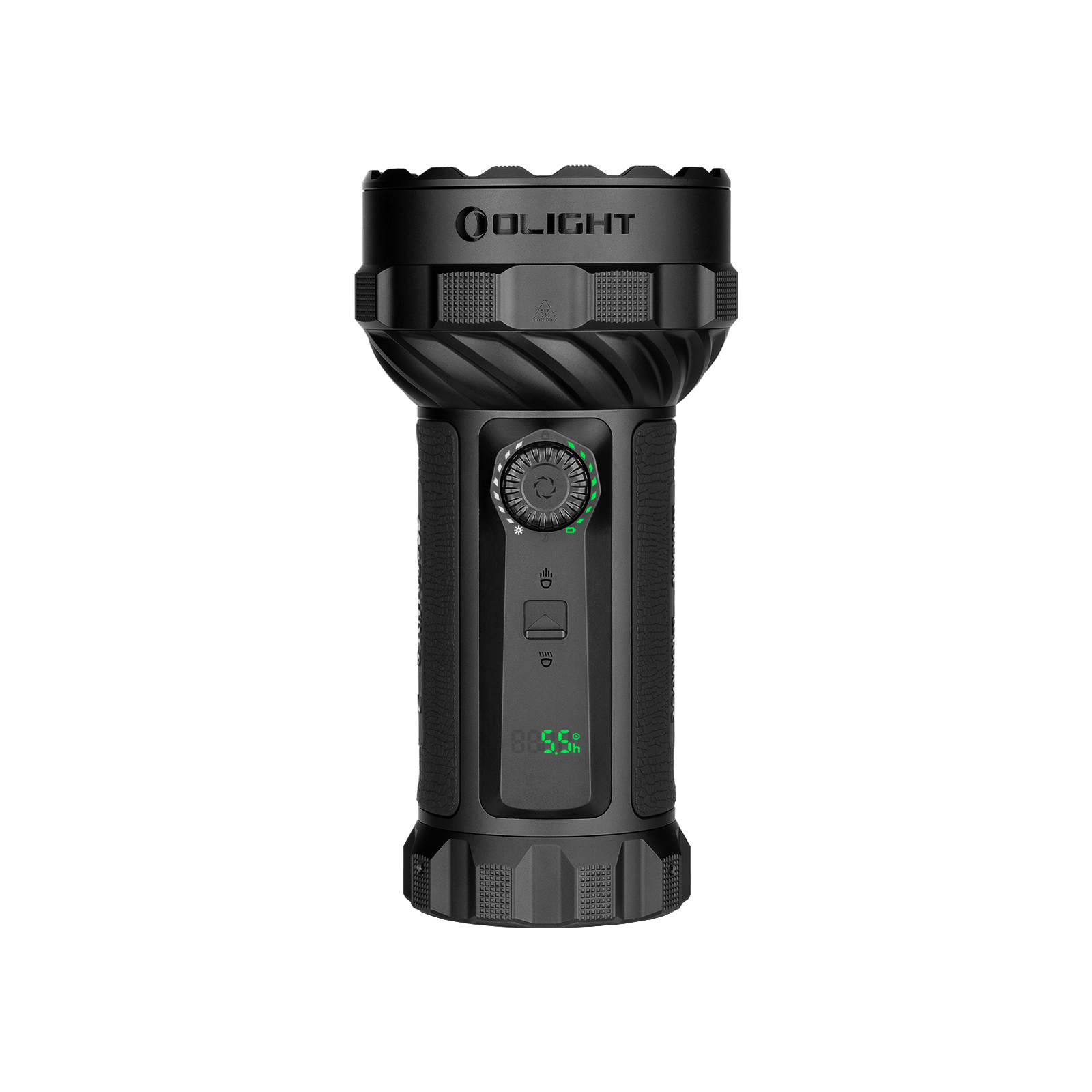 Black Olight tactical flashlight shown from the front with a textured head, knurled grip, and a round adjustment dial; features a green digital display on the body indicating battery or runtime.