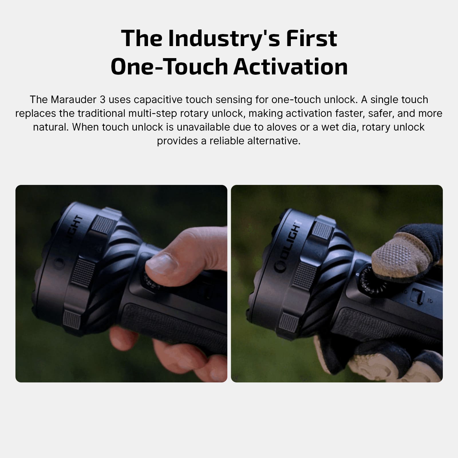 Close-up of a black tactical flashlight being gripped, demonstrating one-touch activation in an outdoor setting.