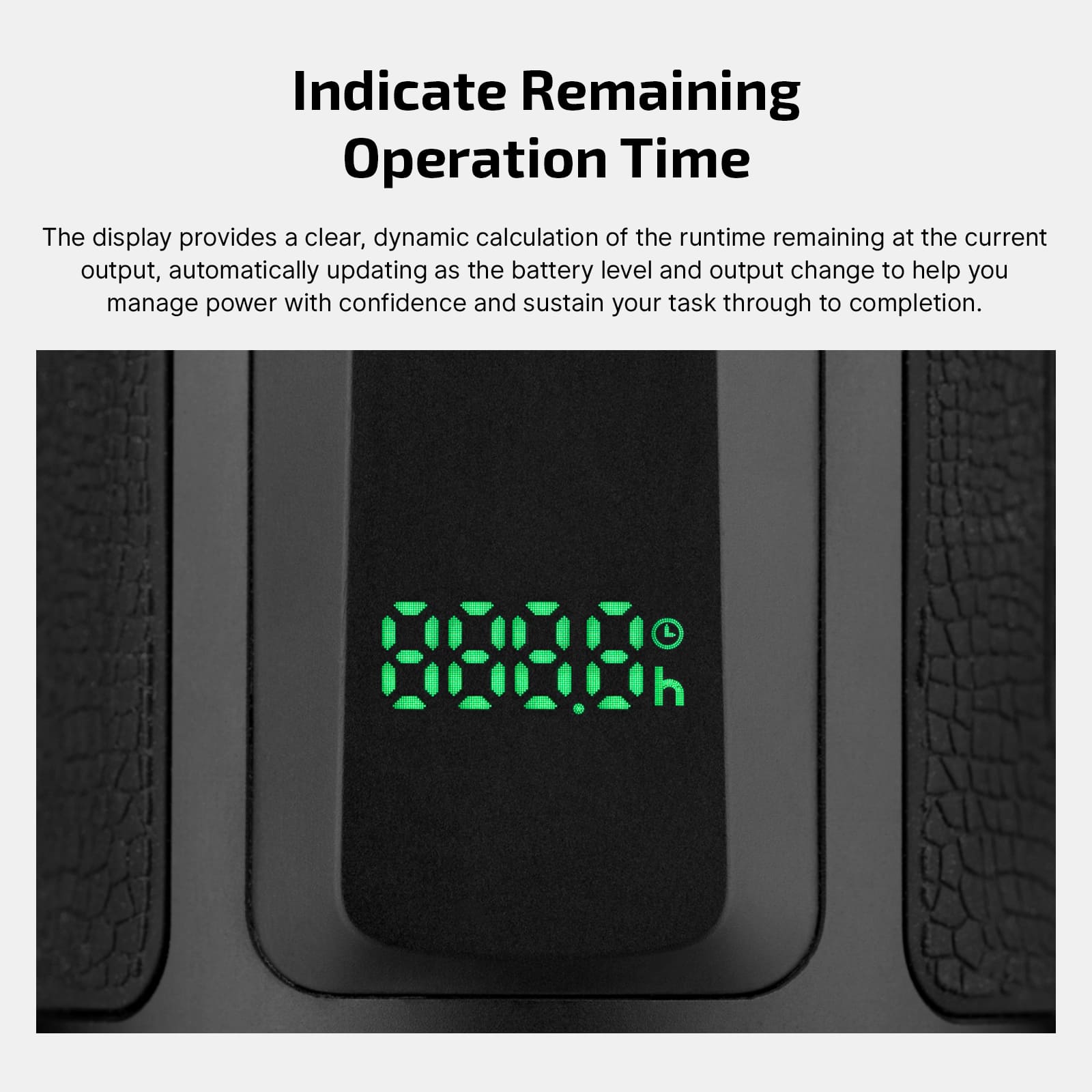 Display showing remaining operation time on a device screen with green digits, flanked by textured panels.