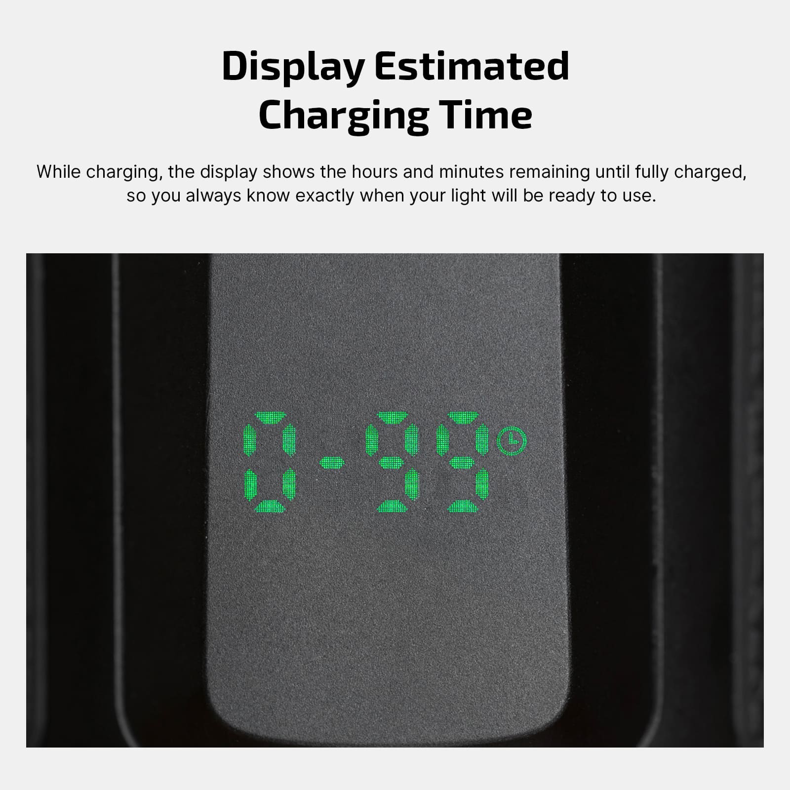 Informational image: a device screen showing the estimated charging time with green digital digits on a dark charger panel