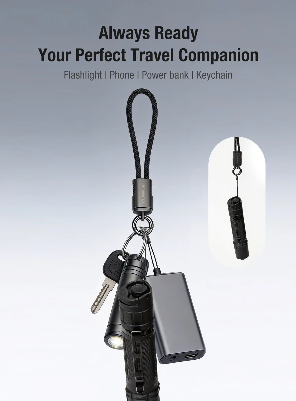 Promo image of a travel kit with a braided lanyard, keys, flashlight, power bank, and phone attached to a single cell keyring system on a gradient background.
