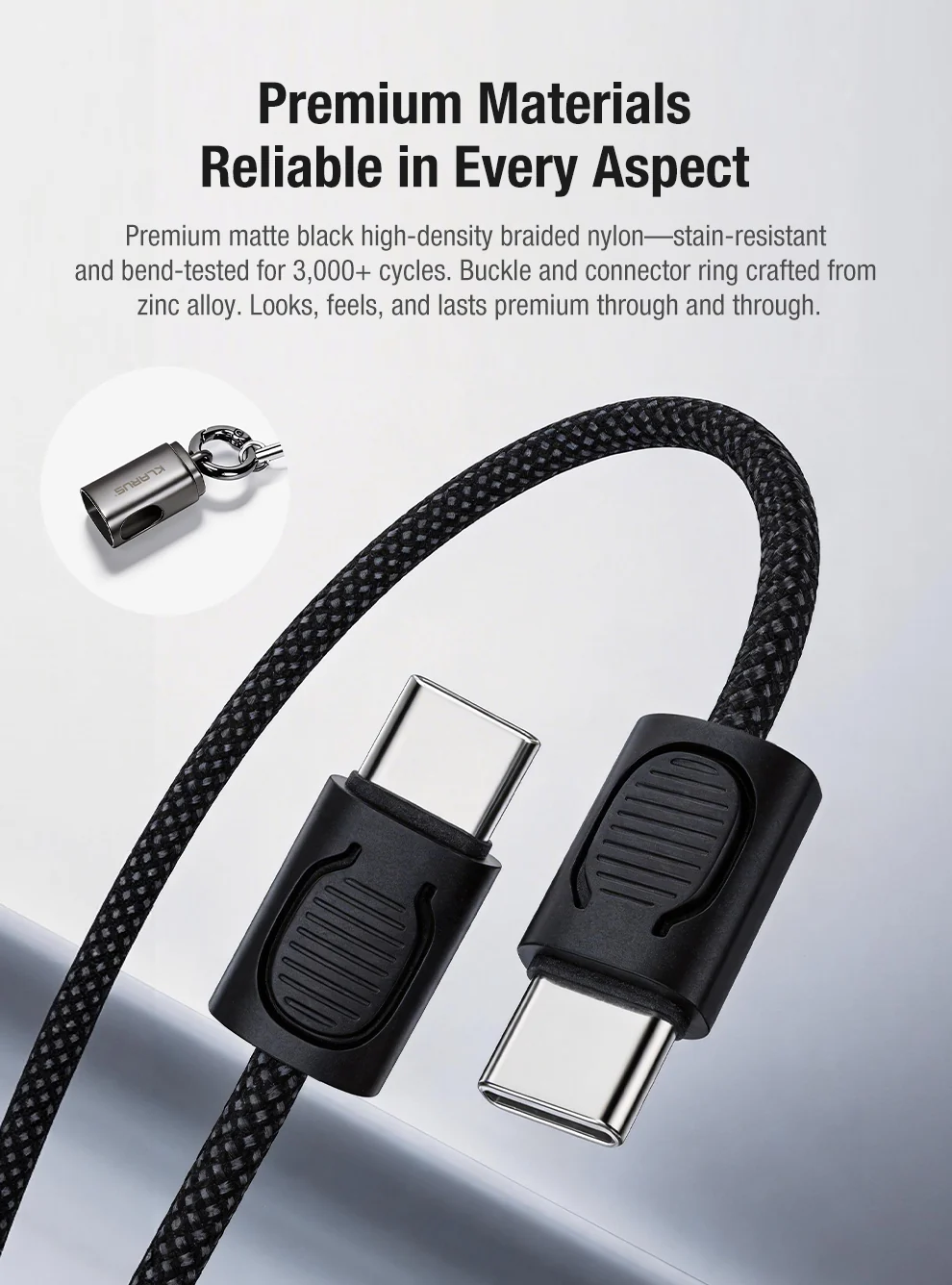 Braided black USB-C charging cable with metal connectors and rugged black housings on each end as shown in close-up detail.