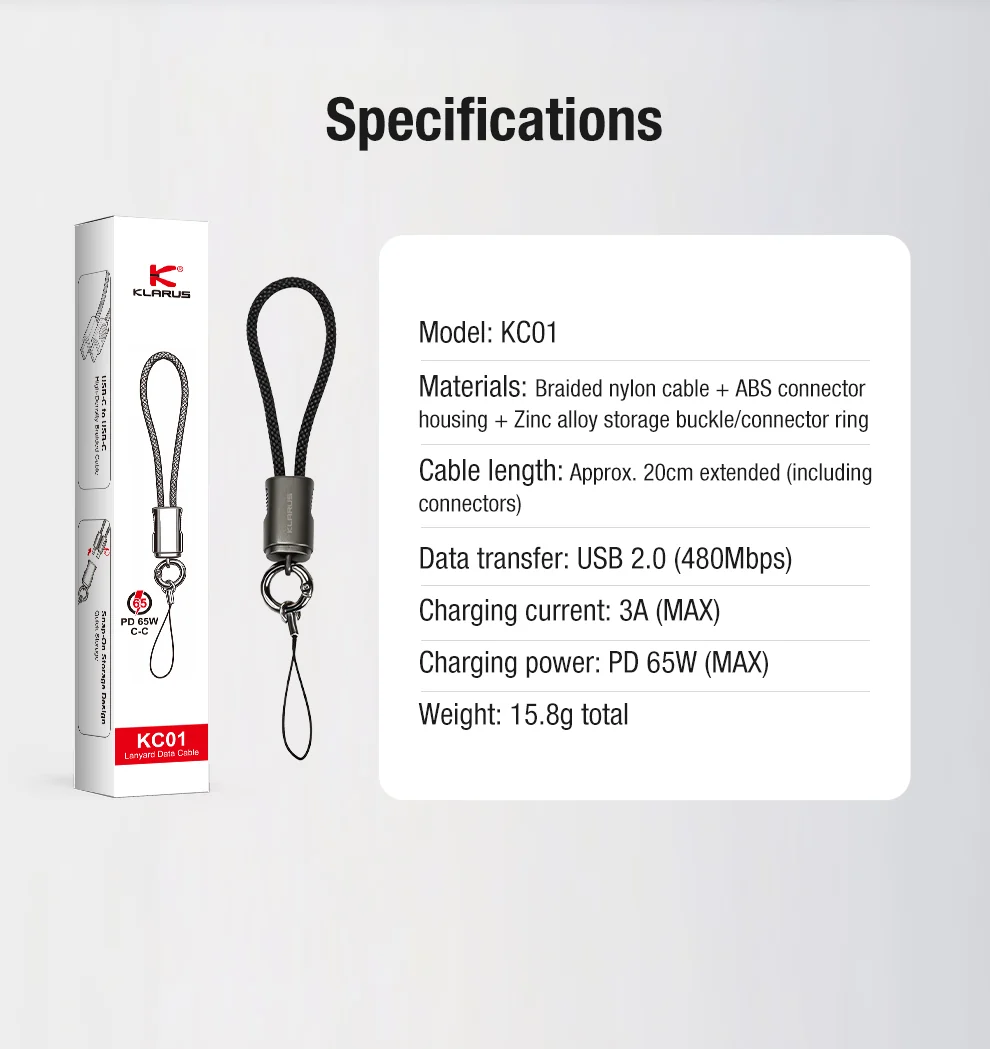 Product specs for KC01 lanyard data cable: braided nylon with ABS housing; USB 2.0, 480 Mbps; PD 65W max charging; 3A max; weight 15.8 g. Includes box and looped cable on left.