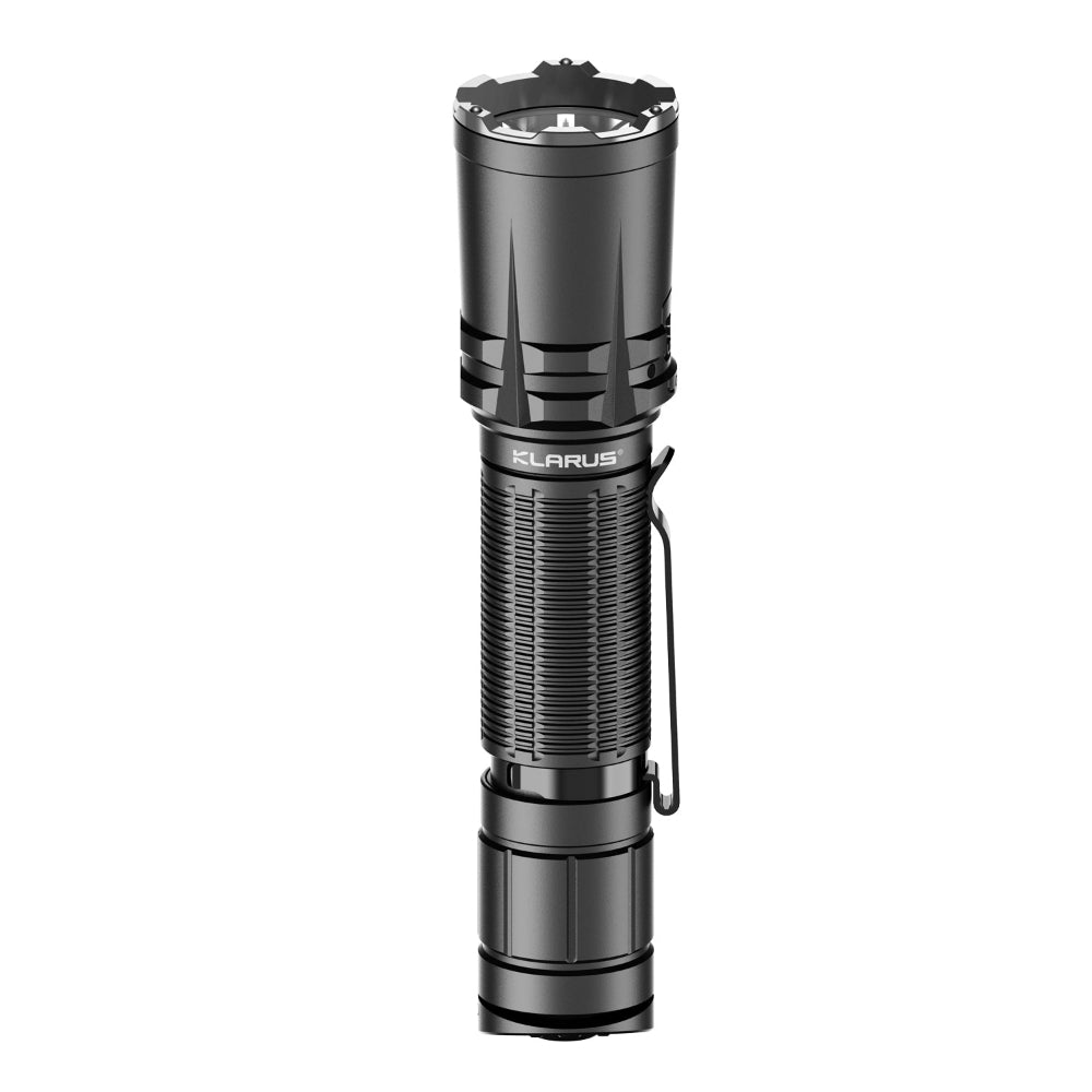 Klarus-branded tactical flashlight standing upright with textured grip and side clip