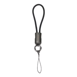 Black braided lanyard with metal swivel clip, keyring, and small wrist loop for attaching keys or ID badges
