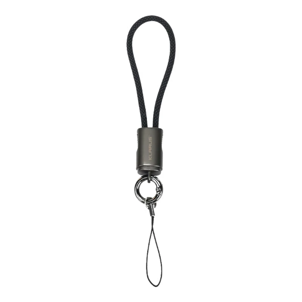 Black braided lanyard with metal swivel clip, keyring, and small wrist loop for attaching keys or ID badges