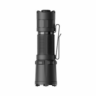 Black tactical flashlight with knurled grip, side clip, and rugged base (product image).