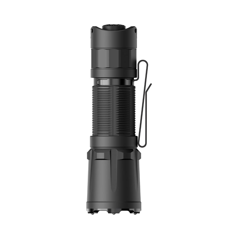 Black tactical flashlight with knurled grip, side clip, and rugged base (product image).