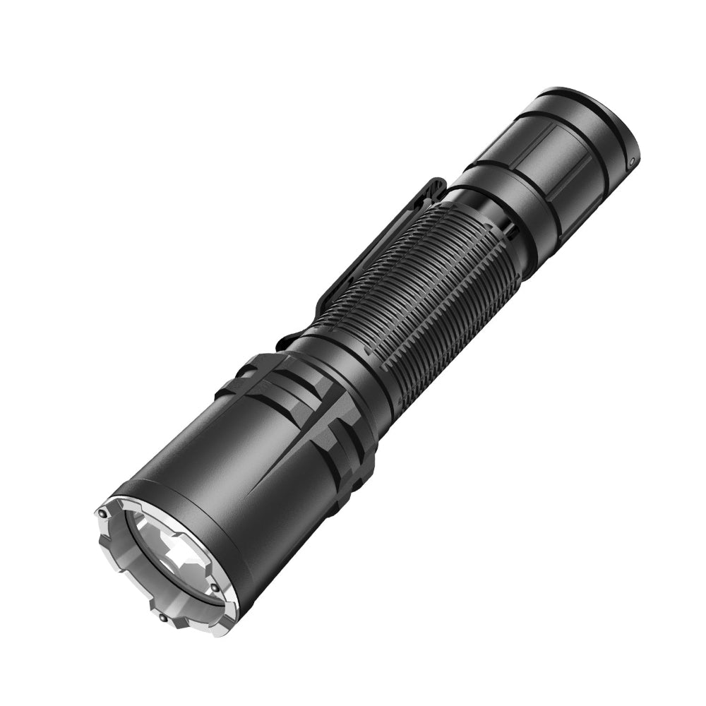 Black tactical flashlight with knurled grip and ridged body, angled diagonally across the frame.