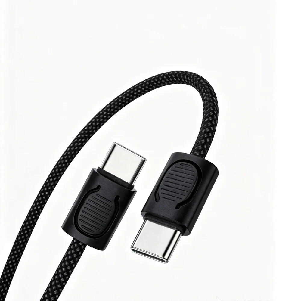 Braided black USB-C to USB-C charging/data cable with inline connector housings and metal ends.