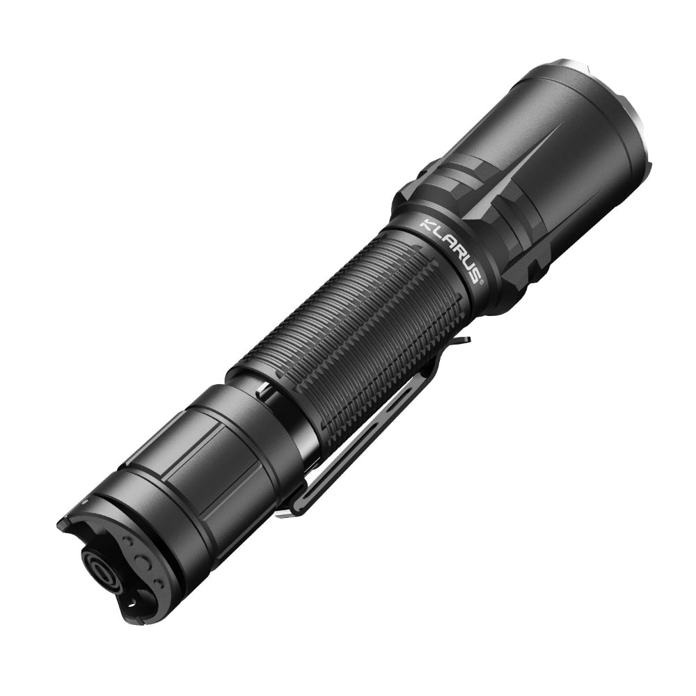 Black tactical flashlight with textured grip and metal clip, Klarus branding visible on the body