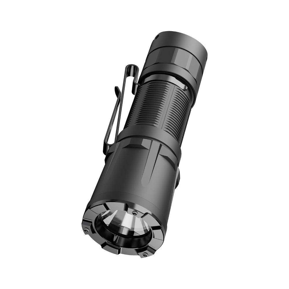 Black tactical flashlight with textured grip and metal pocket clip, angled view revealing the head and lens.