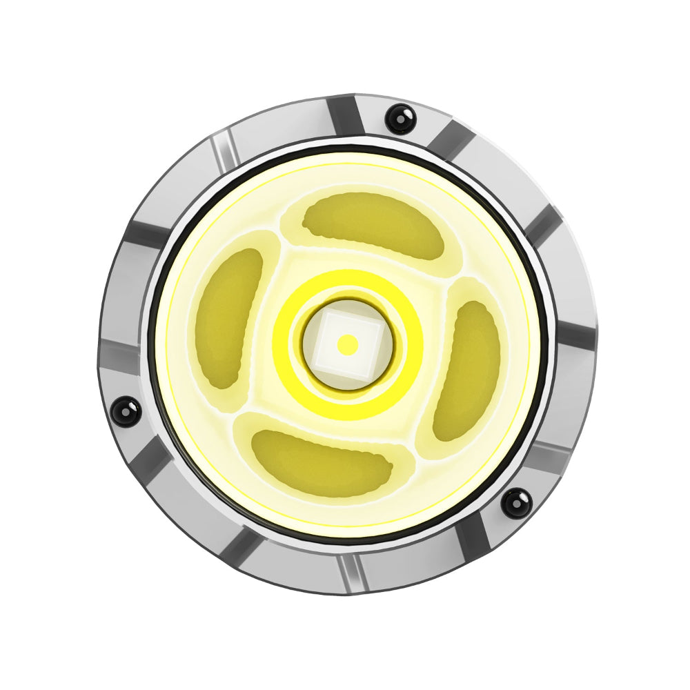 Circular high-power LED emitter with a yellow phosphor ring and a central square LED chip set in a metal housing with visible screws.