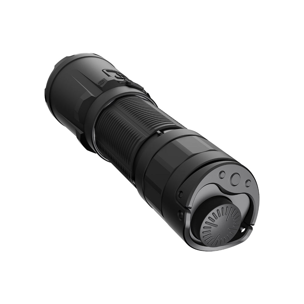 Black tactical flashlight with a textured grip and rear switch.