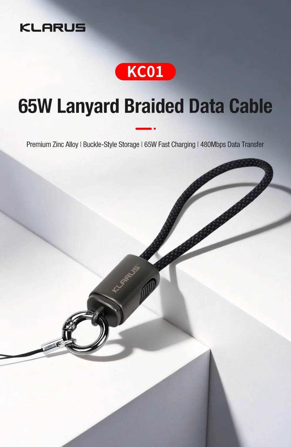 Klarus KC01 65W braided data cable with lanyard and metal end cap, shown with product branding and features.