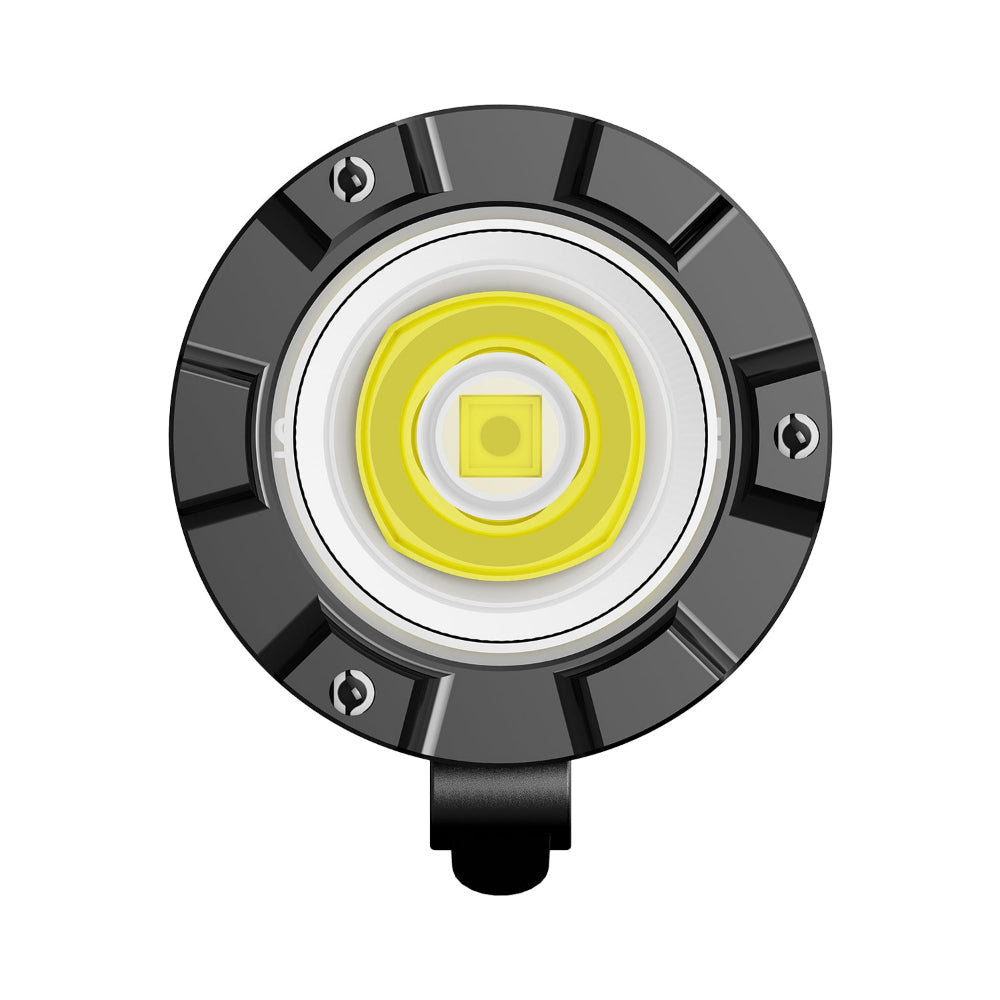 Front view of a round LED work light/flashlight head with a yellow central LED and black housing.