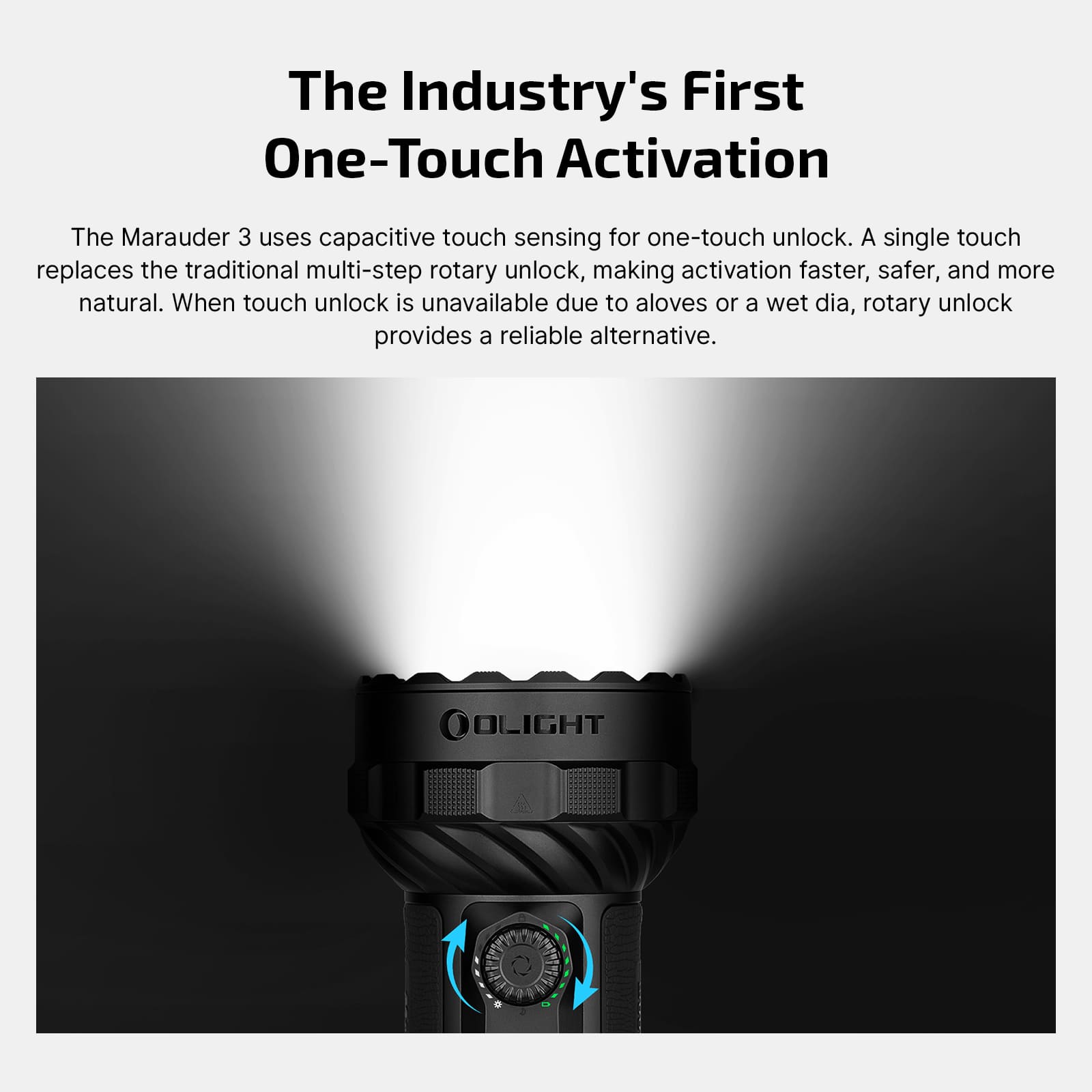Olight flashlight emitting a bright upward beam, showing a textured grip and activation dial on the body.