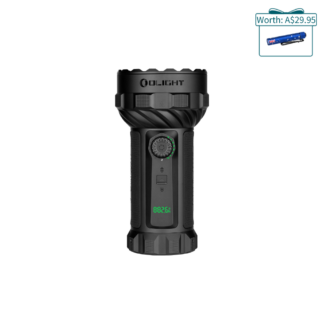 Olight black tactical flashlight with a textured grip, rotary dial, and a small green LED readout on the handle; price badge in the upper-right corner showing Worth: A$29.95 with a blue flashlight image.