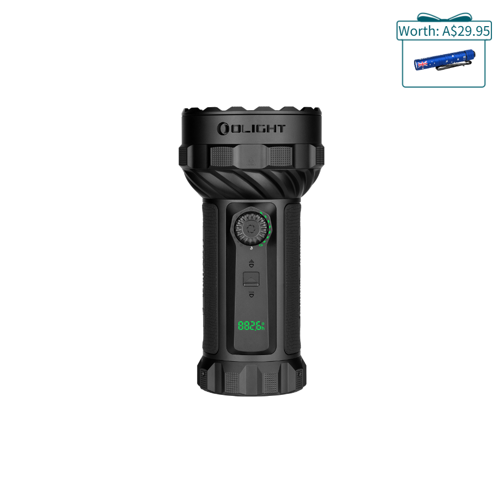 Olight black tactical flashlight with a textured grip, rotary dial, and a small green LED readout on the handle; price badge in the upper-right corner showing Worth: A$29.95 with a blue flashlight image.