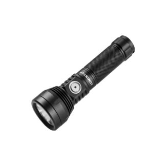 Black tactical flashlight with knurled grip and side switch on a white background.