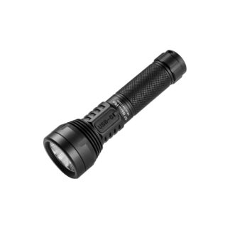 Black handheld flashlight with knurled grip and USB-C port label on the side, angled diagonally on a white background.