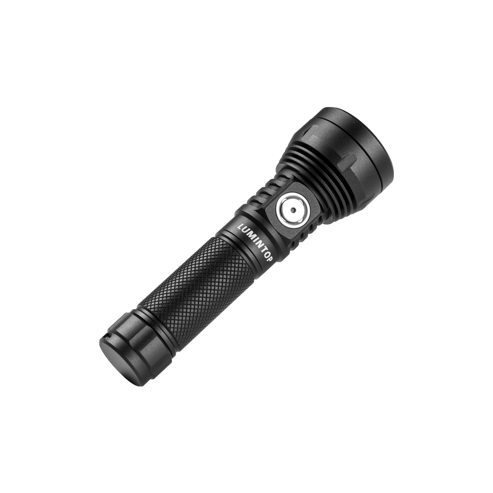 Compact black flashlight with knurled grip, side body button, and visible LUMINTOP branding.