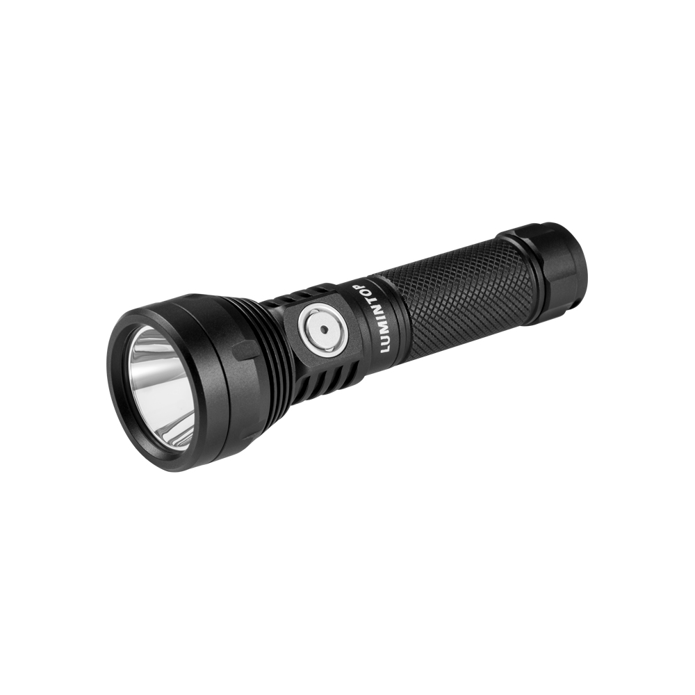 Black compact flashlight with knurled grip and side button.