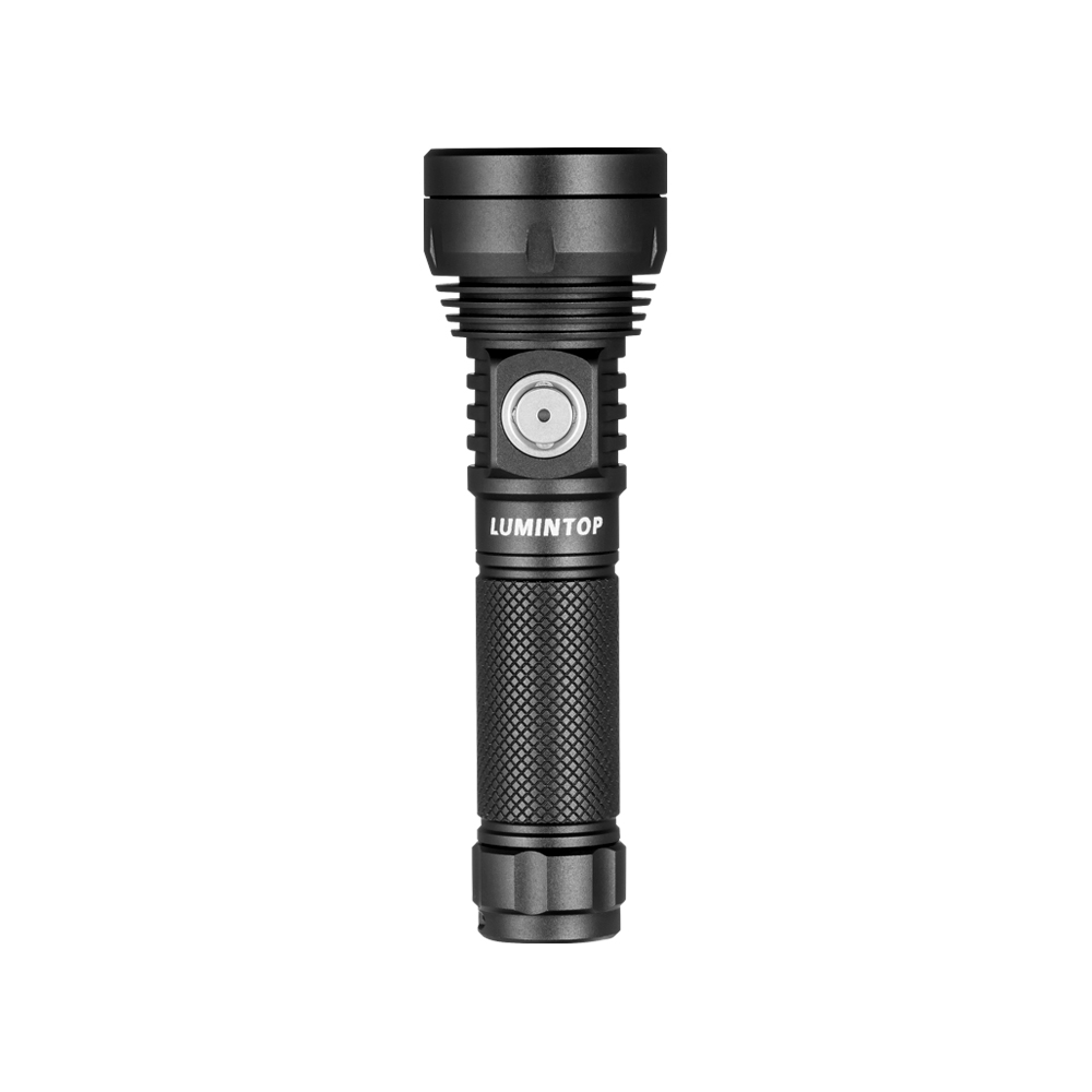 Black tactical flashlight with knurled grip and side button, labeled LUMINTOP