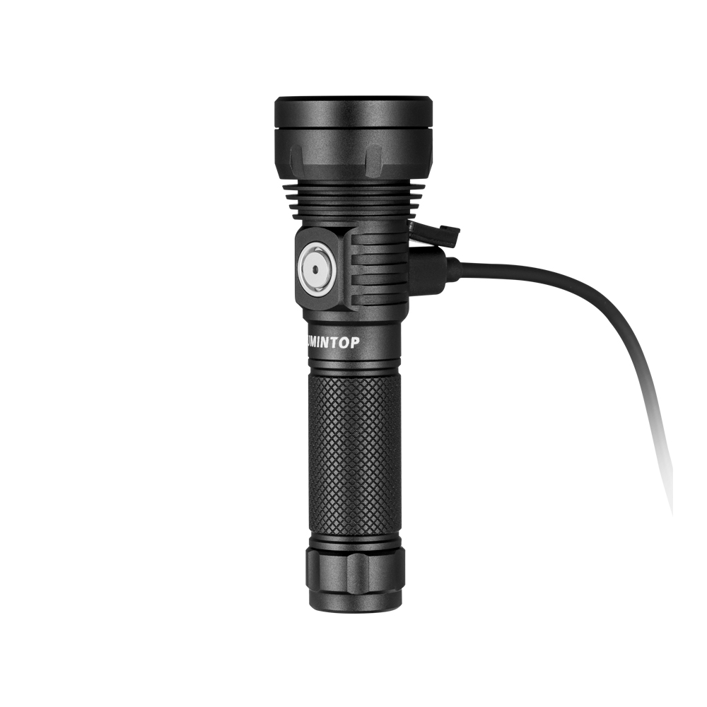 Lumintop black tactical flashlight with knurled grip and side activation switch