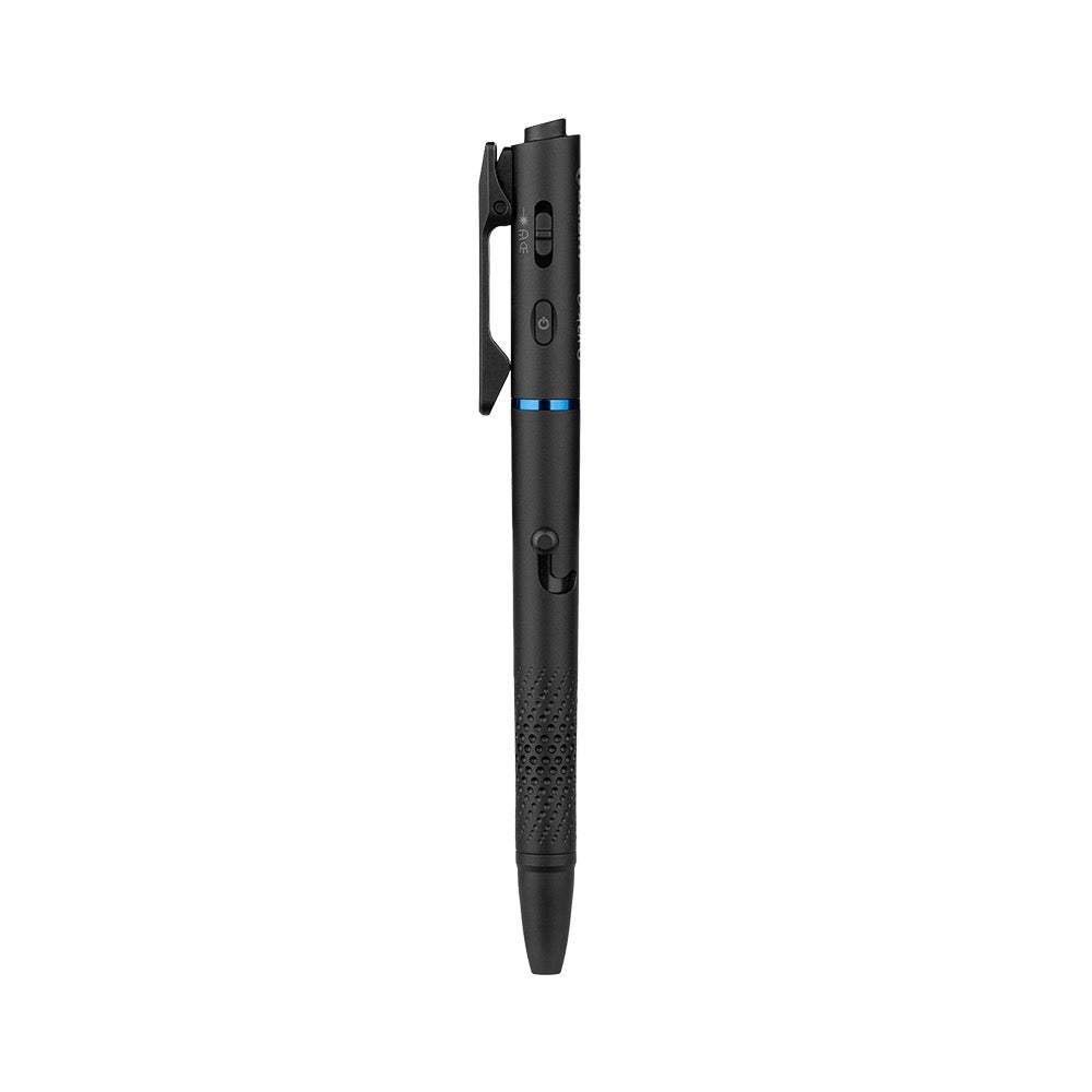 Black multi-function pen with textured grip, blue ring, and side clip at the top center.