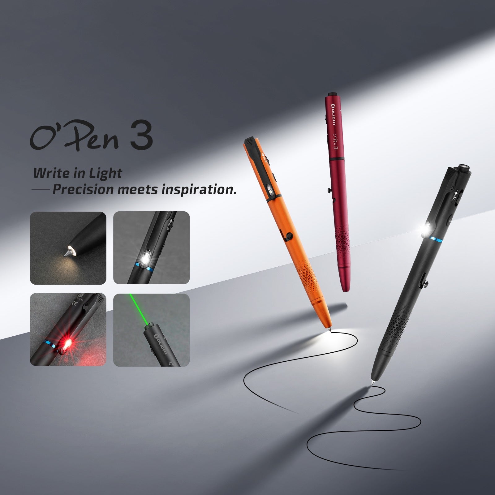 Promotional showcase of O’Pen 3 pens in orange, pink, and black with a diagonal light beam and the slogan Write in Light — Precision meets inspiration.