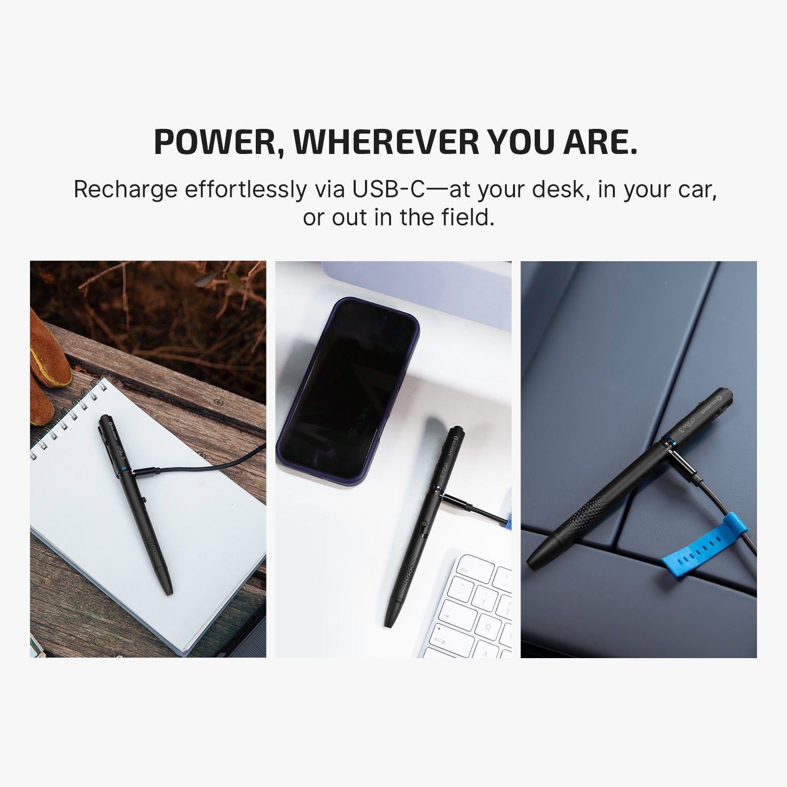 Hero banner promoting USB‑C charging everywhere; three product photos show a pen on a notebook, a smartphone with a charging pen, and a pen charging on a desk surface.
