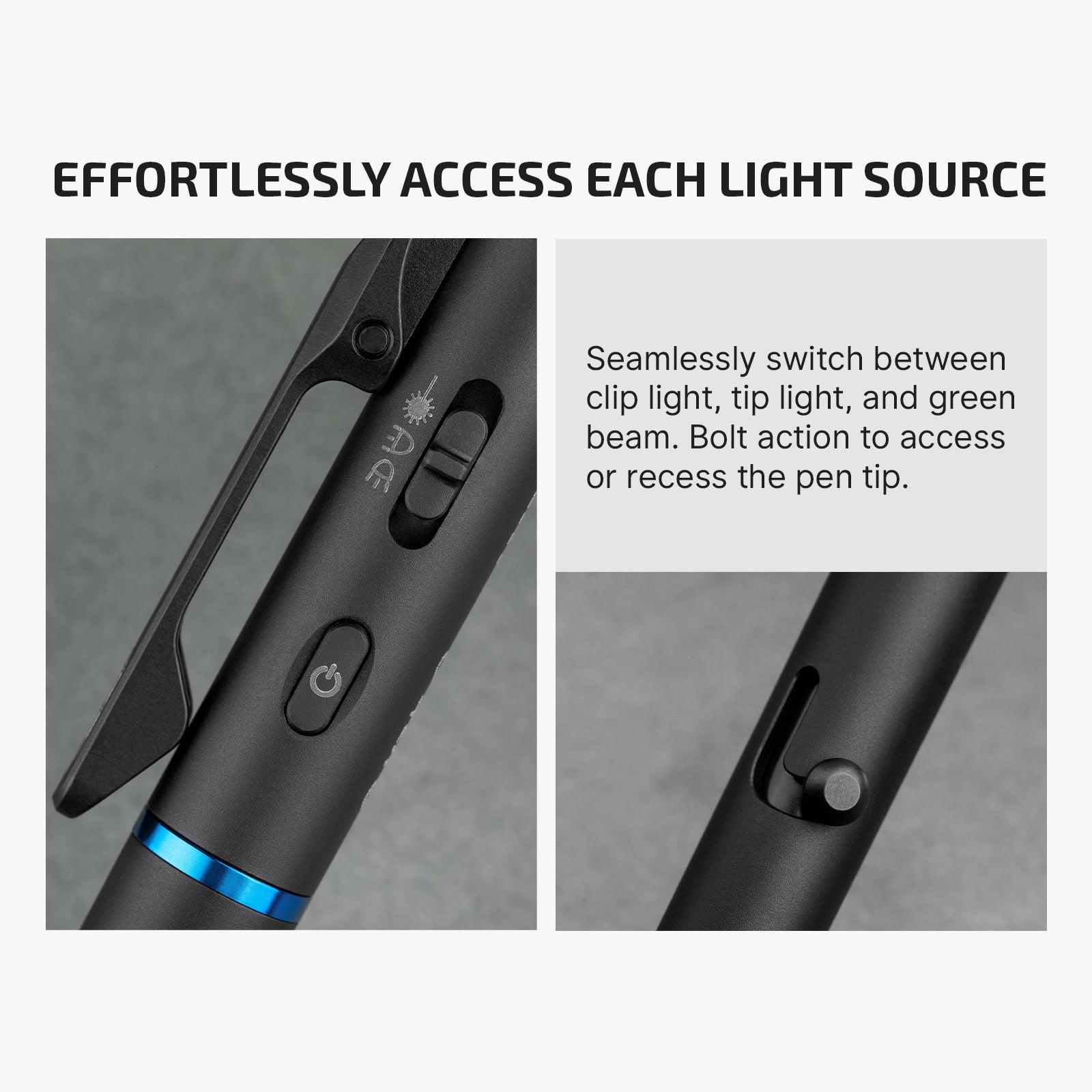 Close-up of a bolt-action device with a power button, showing the blue ring near the base, alongside a gray panel describing light modes and bolt action access.