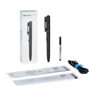Olight Open 3 write-in-light pen with clip, shown with its box, spare tip, USB charging cable, and two protective sleeves.