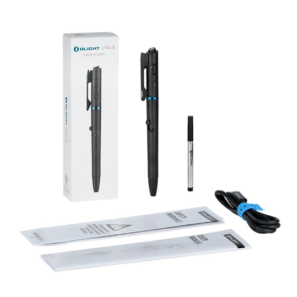 Olight Open 3 write-in-light pen with clip, shown with its box, spare tip, USB charging cable, and two protective sleeves.