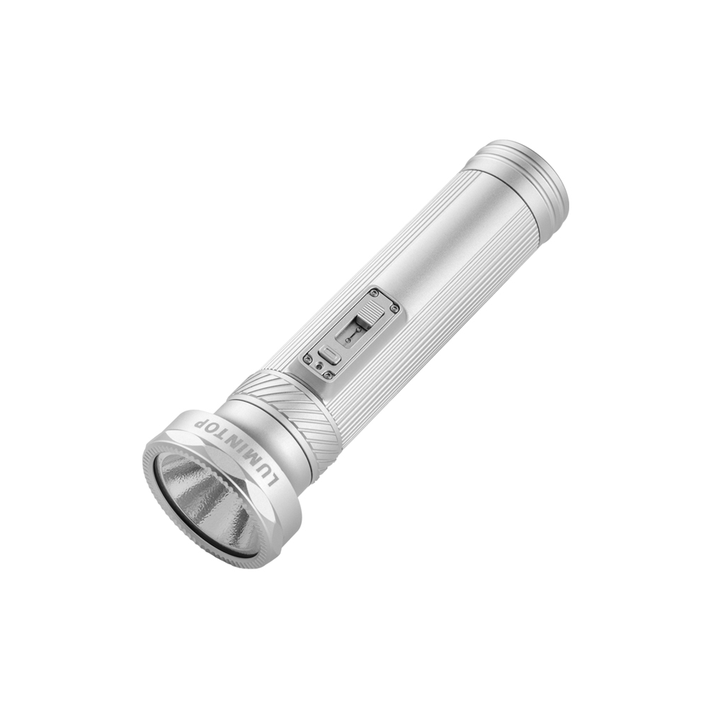 Silver cylindrical flashlight with knurled body, side switch, and textured bezel.