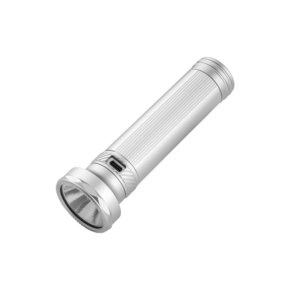 Compact silver flashlight with knurled grip and USB charging port visible on the side