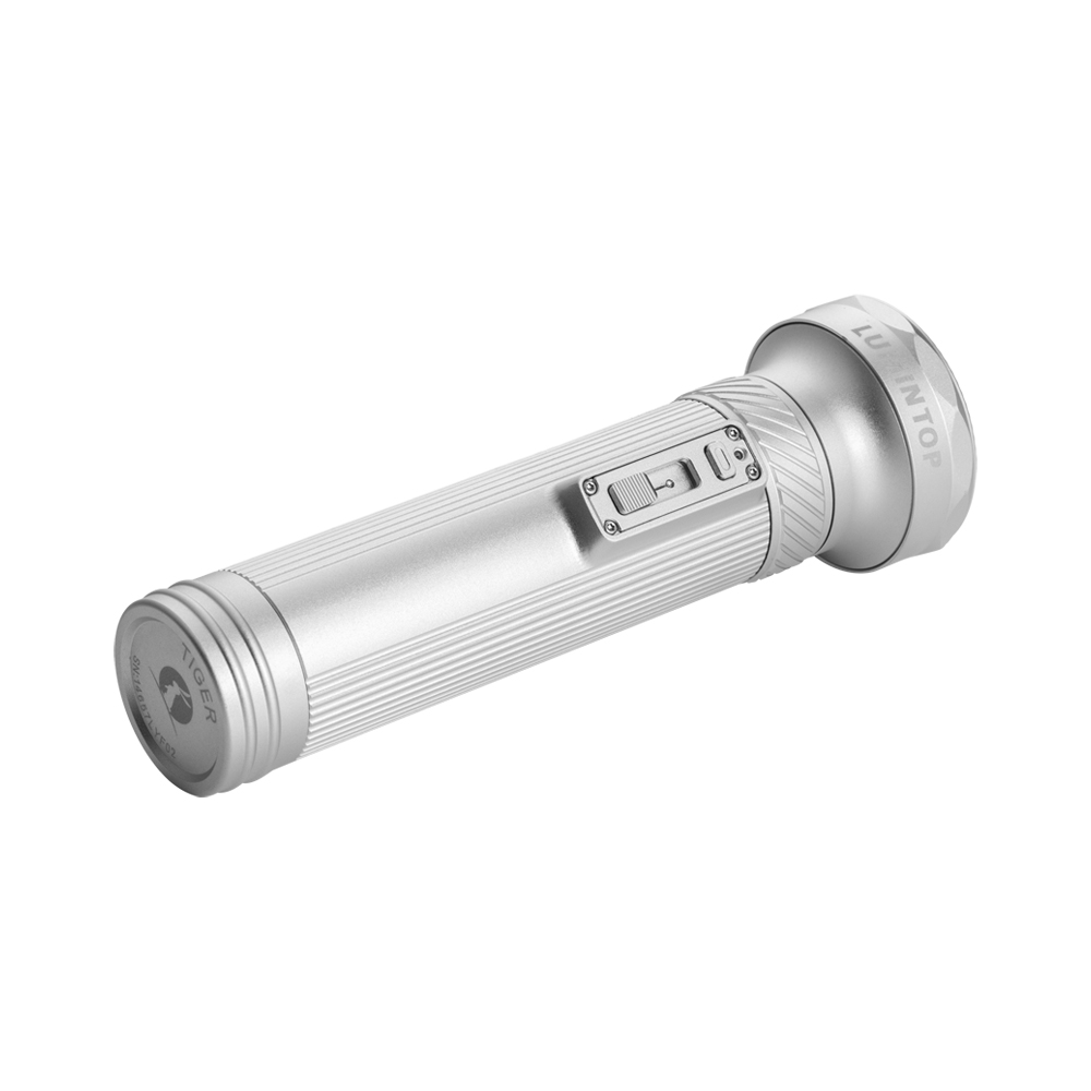 Metal flashlight with a knurled body and side switch, angled to the left, showing its tail cap and bezel.