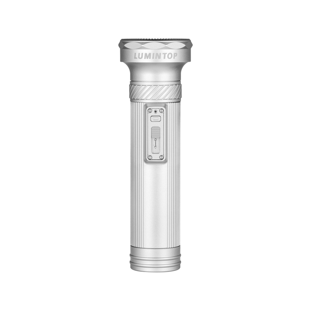 Silver Lumintop flashlight with textured grip and rectangular switch panel facing viewer, standing upright