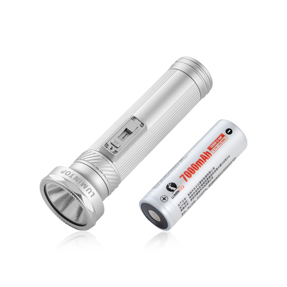 Silver flashlight with a ridged body and side switch shown alongside a 7000 mAh rechargeable battery, indicating a battery-powered light setup.