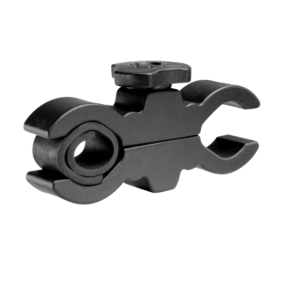 Close-up of a black plastic mechanical clamp with a circular bore and curved jaws.