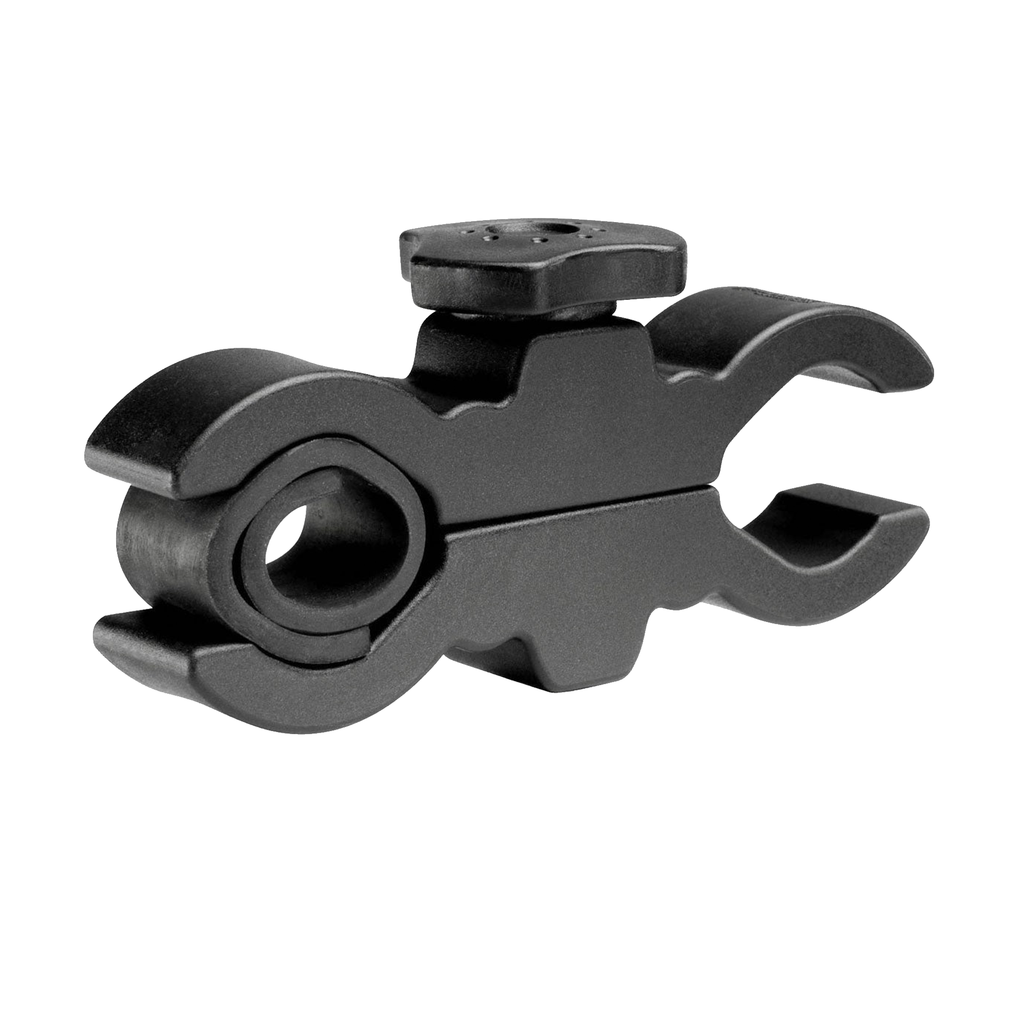 Close-up of a black plastic mechanical clamp with a circular bore and curved jaws.